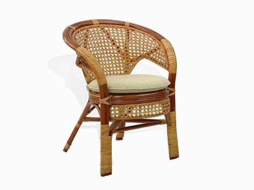 Cheap Pelangi Lounge Chair Natural Rattan Wicker Handmade Design with Thick Cream Cushion, Cognac
