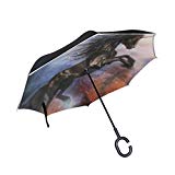 Cheap OREZI Double Layer Black Horse Inverted Reverse Folding Umbrella Windproof Protection Big Straigh Umbrella With C-Shaped Handle,Abeautiful Black Umbrella for Women and Men