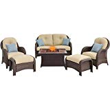 Hanover NEWPT6PCFP-CRM-WG 6 Piece Newport Woven Seating Set in Cream with Fire Pit Table