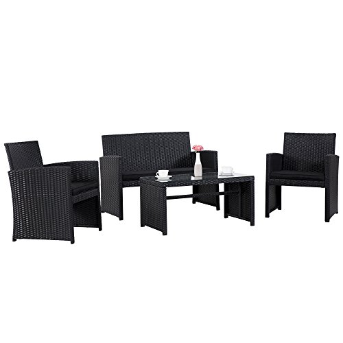 Cloud Mountain 4 Piece Wicker Outdoor Furniture Patio Conversation Set Sectional Rattan Patio Furniture Garden Lawn Sofa Cushioned Set, Black Review