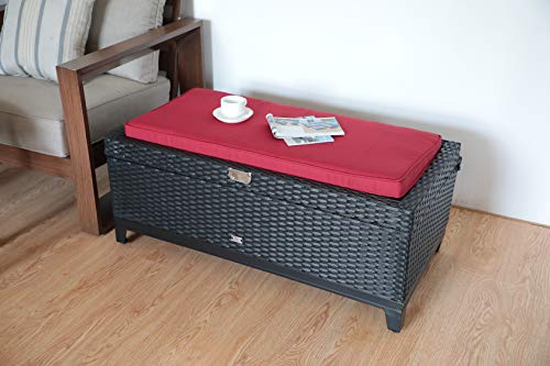 Orange Casual Outdoor 3 in 1 Resin Wicker Storage Bench Box with Seat Cushion, Aluminum Frame, Black Rattan and Red Cushion For Sale