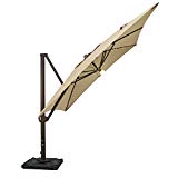 SORARA 10 by 10-Feet Offset Cantilever Umbrella Square Outdoor Patio Hanging Umbrella with Center Light, Cross Base & 4 pcs Base Weight and Umbrella Cover, Beige For Sale
