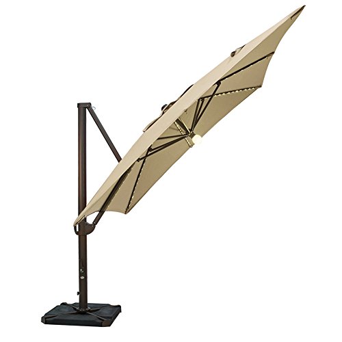 SORARA 10 by 10-Feet Offset Cantilever Umbrella Square Outdoor Patio Hanging Umbrella with Center Light, Cross Base & 4 pcs Base Weight and Umbrella Cover, Beige For Sale