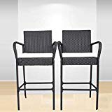 Outdoor Bar Set Patio Furniture Stools Black Rattan Outdoor Dining Chair Cushioned Barstool Set（Beige Cushions,Set of 2