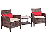 SUNCROWN Outdoor Furniture Wicker Chairs with Glass Top Table (3-Piece Set) All-Weather | Thick, Durable Cushions with Washable Covers | Porch, Backyard, Pool or Garden For Sale
