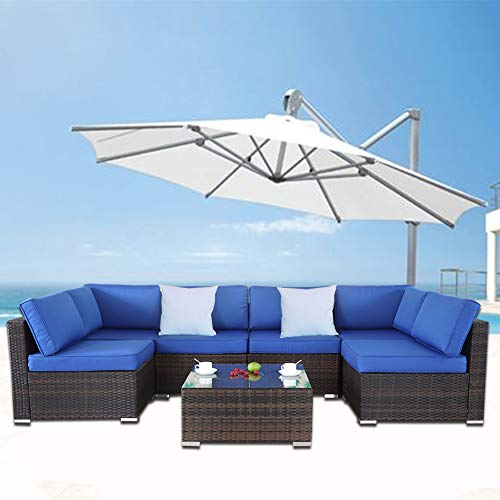 Patio Sofa Brown PE Rattan 7pcs Sectional Sofa Set Garden Furniture Cushioned Couch Wicker Outdoor Furniture Conversation Sets Christmas Party Sofa-Easy Assembled(Royal Blue Cushions,7 Piece) Review