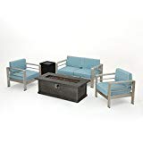 Cheap Crested Bay 5 Piece Silver Aluminum Framed Chat Set with Light Teal and White Corded Water Resistant Cushions and Grey Wood Finished Rectangular Fire Pit