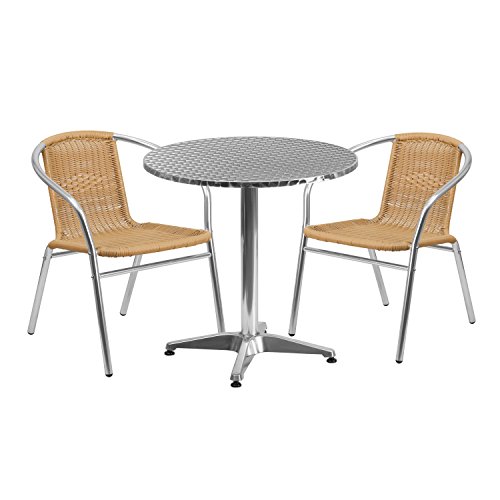 Flash Furniture 27.5'' Round Aluminum Indoor-Outdoor Table Set with 2 Beige Rattan Chairs