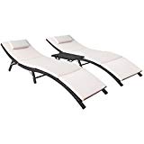 Cheap Flamaker 3 Pieces Outdoor Chaise Lounge with Cushion Modern Unadjustable Pool Lounge Furniture Set All-Weather PE Wicker Rattan Backrest Patio Lounger and Table for Beach, Porch, Yard(Black)