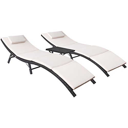 Cheap Flamaker 3 Pieces Outdoor Chaise Lounge with Cushion Modern Unadjustable Pool Lounge Furniture Set All-Weather PE Wicker Rattan Backrest Patio Lounger and Table for Beach, Porch, Yard(Black)