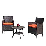 PATIOROMA Patio Porch Furniture Set 3 Piece PE Brown Rattan Wicker Chairs Orange Cushion Glass Coffee Table Outdoor Garden Furniture Sets Review