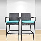 Outime Patio Bar Stools Furniture Black Garden Rattan Chair Cushioned Bar Set Dining Chair（Turquoise Cushions,Set of 2 For Sale