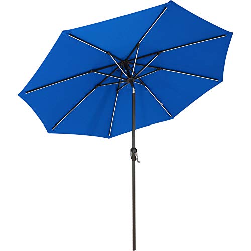 Sunnydaze Solar Sunbrella Patio Umbrella w/Push-Button Tilt and Crank, 9 Foot Market Umbrella with Solar LED Light Bars and Rust Resistant Aluminum, Pacific Blue