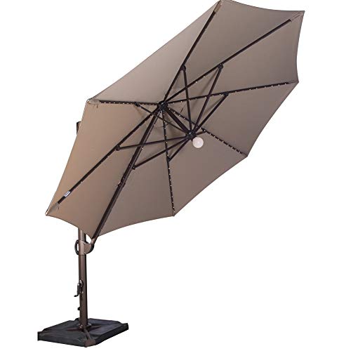 SORARA 11-1/2 Feet Offset Cantilever Umbrella Round Outdoor Patio Hanging Umbrella with Center Light, Cross Base & 4 pcs Base Weight and Umbrella Cover, Beige For Sale