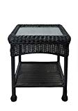 LB International 22″ Black Resin Wicker Outdoor Patio Side Table with Glass Top and Storage Shelf For Sale