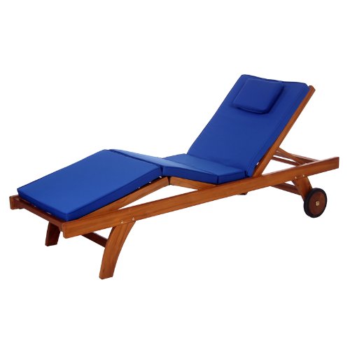 All Things Cedar TL78-B Teak Chaise Lounge Chair with Blue Cushion
