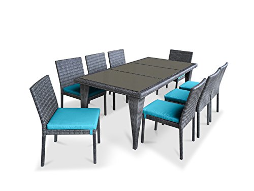 UrbanFurnishing.net – 9 Piece Wicker Outdoor Patio Dining Set – Gray Wicker / Sea Blue For Sale