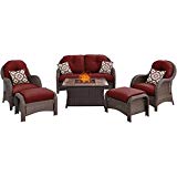 Hanover NEWPT6PCFP-RED-WG 6 Piece Newport Woven Seating Set in Crimson Red with Fire Pit Table Hanover NEWPT6PCFP-RED-WG 6 Piece Newport Woven Seating Set in Crimson Red with Fire Pit Table