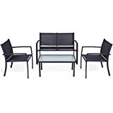 TANGKULA 4PCS Patio Conversation Set for Outdoor Indoor Use with Glass Top Coffee Table, Loveseat & 2 Chairs Home Living Room Furniture Balcony Garden Lawn Modern Patio Furniture Set, Black Review
