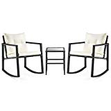 Pamapic 3 Piece Outdoor Furniture Rocking Chair, Weather Black Wicker Bistro Set with Seat and Back Cushions & Sophisticated Glass Coffee Table for Proch, Balcony, Patio