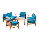 Lorelei Outdoor 8 Seater Teak Finished Acacia Wood Double Sofa and Club Chair Set with Blue Water Resistant Cushions Lorelei Outdoor 8 Seater Teak Finished Acacia Wood Double Sofa and Club Chair Set with Blue Water Resistant Cushions