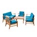 Lorelei Outdoor 8 Seater Teak Finished Acacia Wood Double Sofa and Club Chair Set with Blue Water Resistant Cushions