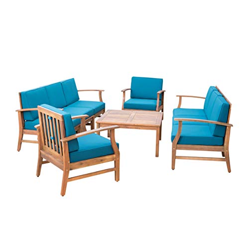 Lorelei Outdoor 8 Seater Teak Finished Acacia Wood Double Sofa and Club Chair Set with Blue Water Resistant Cushions
