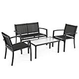 iKayaa 4PCS Outdoor Patio Furniture Set Tempered Glass Table, Textilene Loveseat Chairs Steel Frame Review