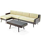 Pamapic 4 Piece Furniture, All Weather Mix Grey PE Rattan Wicker Chair Sets with Washable Seat Cushions & Tempered Glass Table, Indoor/Outdoor Use Patio, Backyard, Longue, Brown For Sale