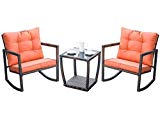 Leisure Zone 3 PCS Wicker Patio Rocking Chair Armchair Outdoor Porch Deck All Weather Gliding Rocker with Coffee Table and Cushions (Orange Cushion)