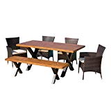 Great Deal Furniture Cassie Outdoor 6 Piece Multibrown Wicker Dining Set with Brown Walnut Finish Light Weight Concrete Table and Bench and Beige Water Resistant Cushions For Sale