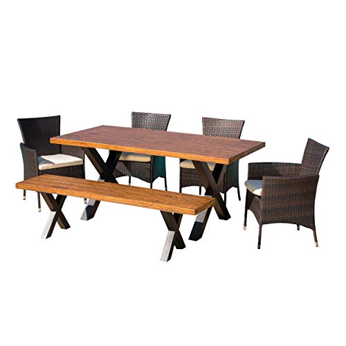 Great Deal Furniture Cassie Outdoor 6 Piece Multibrown Wicker Dining Set with Brown Walnut Finish Light Weight Concrete Table and Bench and Beige Water Resistant Cushions For Sale