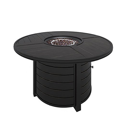 Cheap Ashley Furniture Signature Design ? Castle Island Outdoor Round Fire Pit Table ? Slate-Style Top ? Stainless Steel Burner with Glass Beads ? Push-Button ? Dark Brown