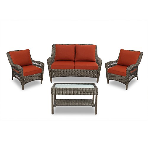Quality Outdoor Living Sonoma All-Weather Resin Wicker Deep Seating Patio Set, 4-Piece, Dark Brown with Red Cushions