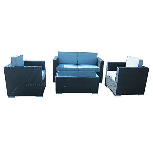 4-Piece Cushioned Outdoor Rattan Wicker Love Seat, 2 chair, Coffee Table Patio Furniture Set, Black with Grey Cushions. No Assembly Required Review