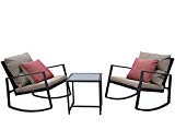 Kozyard Moana Outdoor 3-Piece Rocking Wicker Bistro Set, Two Chairs and One Glass Coffee Table, Black Wicker Furniture(Taupe Cushion+Red Stripe Pillow) For Sale
