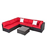 Cheap Kinbor 7PC Outdoor Sectional Sofa Set Rattan Wicker Patio Furniture Sofa with Washable Cushions & Modern Coffee Table Glass Top (Red)