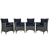 Modway EEI-2243-CHC-NAV-SET Sojourn Wicker Rattan Outdoor Patio Coffee Table, 4 Dining Chairs, Canvas Navy