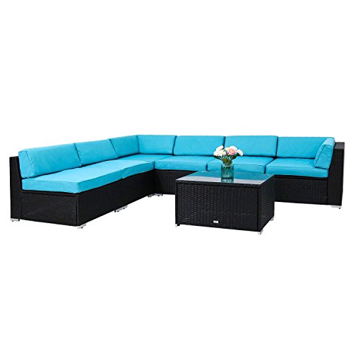 Kinbor 7-Pieces Outdoor Patio PE Rattan Wicker Sofa Sectional Furniture Cushioned Set Inclined Backrest