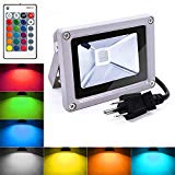 RGB LED Flood Lights, 10W Color Changing Outdoor Spotlight with Remote Control, IP65 Waterproof Wall Washer Light,16 Colors 4 Modes Dimmable Stage Lighting with US 3-Plug