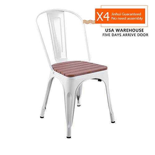 Industrial Metal with Wood Seat Dining Modern Bistro Cafe Stackable Side Chair, Set of 4 White