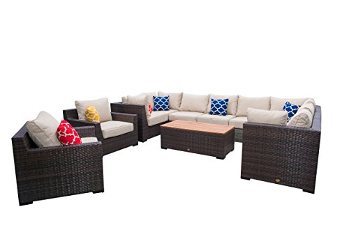 Cheap Vida Outdoor Pacific 11 Piece Wicker Sectional Set with Wheat Cushions