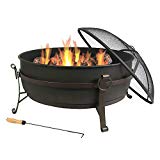 Sunnydaze Large Outdoor Fire Pit with Spark Screen, 34 Inch Steel Cauldron For Sale