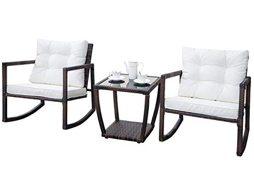 Leisure Zone 3 PCS Wicker Patio Rocking Chair Armchair Outdoor Porch Deck All Weather Gliding Rocker with Coffee Table, Beige Cushion