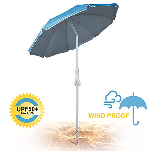 690GRAND 6FT Beach Umbrella with Sand Anchor UPF50+ Sunshade Aluminum Poles Polyester Canopy Including Crank Tilt and Carry Bag