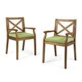 Great Deal Furniture | Peter | Outdoor Acacia Wood Dining Chair with Cushion | Set of 2 | Teak/Green