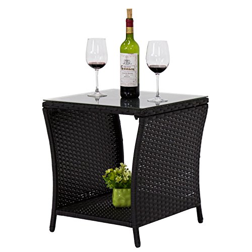 Kinbor Black Outdoor Square Wicker Rattan Side Tea Table w/Glass Top Patio Furniture Storage