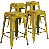 Cheap Flash Furniture 4 Pk. 24” High Backless Distressed Yellow Metal Indoor-Outdoor Counter Height Stool