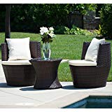 Belleze 3PC Patio Outdoor Rattan Patio Set Wicker Backyard Yard Furniture Outdoor Set Hour Glass Table Round Chairs, Brown For Sale