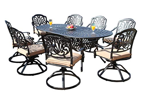 GrandPatioFurniture.com CBM Patio Elisabeth Collection Cast Aluminum 9 Piece Dining Set with 8 Swivel Rockers SH211-8S CBM1290 For Sale